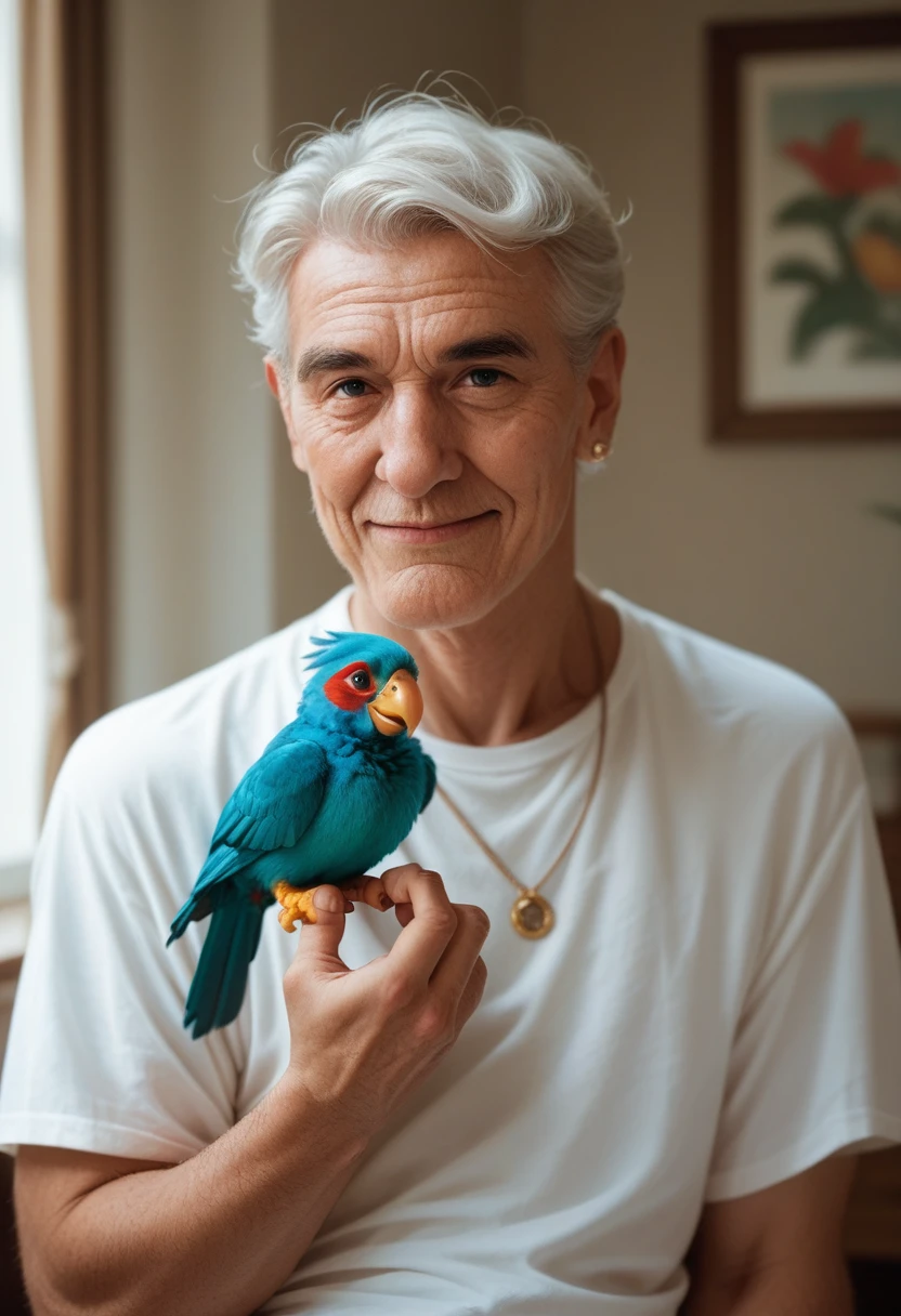 Handsome cute young man with a parrot and a grandmother