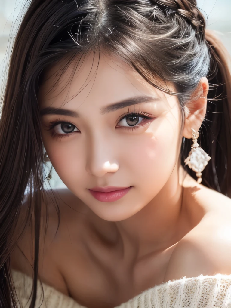 Highest quality, masterpiece, Ultra-high resolution, Ultra high definition, Realistic, 1 girl, Off the shoulder, Summer knitwear, smile, smile, Slightly visible, Extra Large_sweater, Soft lighting, Detailed skin,Soft skin texture, bangs, Black Hair, Clear Eyes,Shining eyes that store light, Extra Long Silky Hair,ponytail, Transparency, Japan, Beautiful woman, Upward glance, Lip gloss, Tears, Eye highlights,