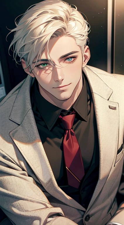 (Highest quality,4K,8K,High resolution,masterpiece:1.2),Super detailed,(Realistic,photoRealistic,photo-Realistic:1.37),1 person,34 years old,Mature Men,Beautiful skin、very handsome,Expressionless smile in love,Short white hair,green eyes,Sharp Eyes,A perfect face without a doubt,Businessman, CEO, Office Background,Cinema Lighting,HDR image,tie、