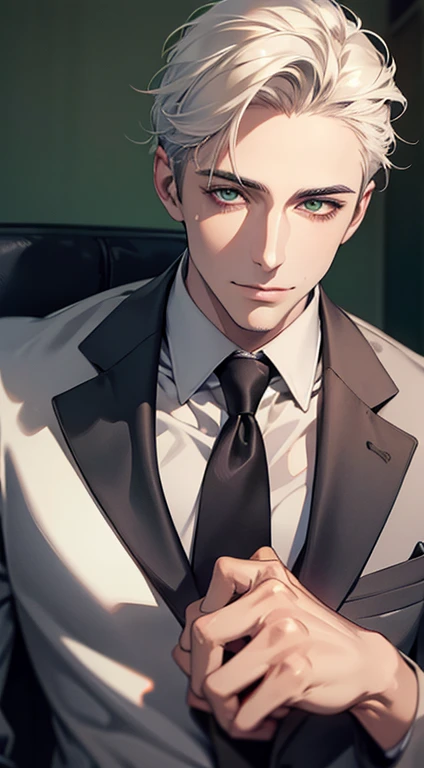(Highest quality,4K,8K,High resolution,masterpiece:1.2),Super detailed,(Realistic,photoRealistic,photo-Realistic:1.37),1 person,34 years old,Mature Men,Beautiful skin、very handsome,Expressionless smile in love,Short white hair,green eyes,Sharp Eyes,A perfect face without a doubt,Businessman, CEO, Office Background,Cinema Lighting,HDR image,tie、