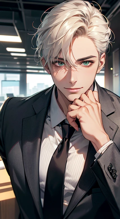 (Highest quality,4K,8K,High resolution,masterpiece:1.2),Super detailed,(Realistic,photoRealistic,photo-Realistic:1.37),1 person,34 years old,Mature Men,Beautiful skin、very handsome,Expressionless smile in love,Short white hair,green eyes,Sharp Eyes,A perfect face without a doubt,Businessman, CEO, Office Background,Cinema Lighting,HDR image,tie、