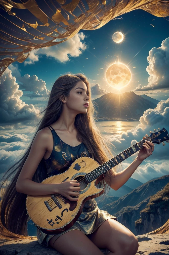 Abstract painting art, 8k poster, whole body, Golden Flower, Beautiful girl sitting on the edge of a cliff and looking at the distant horizon, Golden Eyes, garden, Golden Eyes, Long hair blown by the wind, Woman body front view, Bronze Hair Metallic, Red clouds sunset, Night Light, Lake and distant mountains々Depth of the valley seen from above, Abstract Oil Painting, A girl who is concentrating well on the scene, (((Girl playing guitar))), Exposure, Exposure art, Surrealism art, Fantasy, Abstract painting of a woman in a mountain landscape, 8k poster, whole body, Gold and silver flowers, Evening Light, (((Girl playing guitar))), (((Huge full moon next to the sun, ))), (((Musical symbols in the clouds))), ((((Long hair flying in the air, Abstract hair shaped into musical symbols, Sheet music thrown into the clouds, Surrealism art)))), High resolution 8K poster, Gold and silver butterfly, ((Short dress, Tank top)), ((Transparent T-shirt)), ((mini skirt)), ((Barefoot) )), ((Barefoot) )),Enchanted Angel
