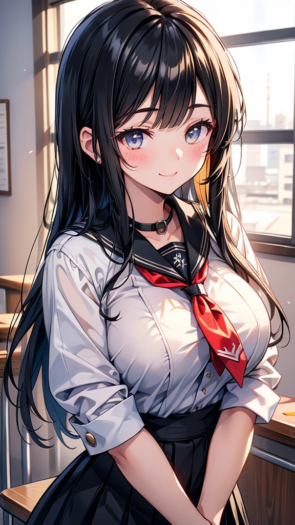 high school student　Adult women　Tying up long hair　bangs　Hime cut　Black Hair　smile　Close your eyes　Big Breasts　Country-style black sailor suit　Nagoya collar　Rural classroom　Close-up of face