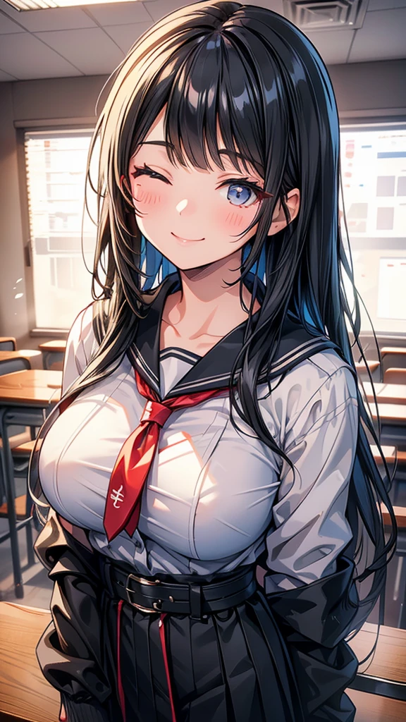 high school student　Adult women　Tying up long hair　bangs　Hime cut　Black Hair　smile　Close your eyes　Big Breasts　Country-style black sailor suit　Nagoya collar　Rural classroom　Close-up of face