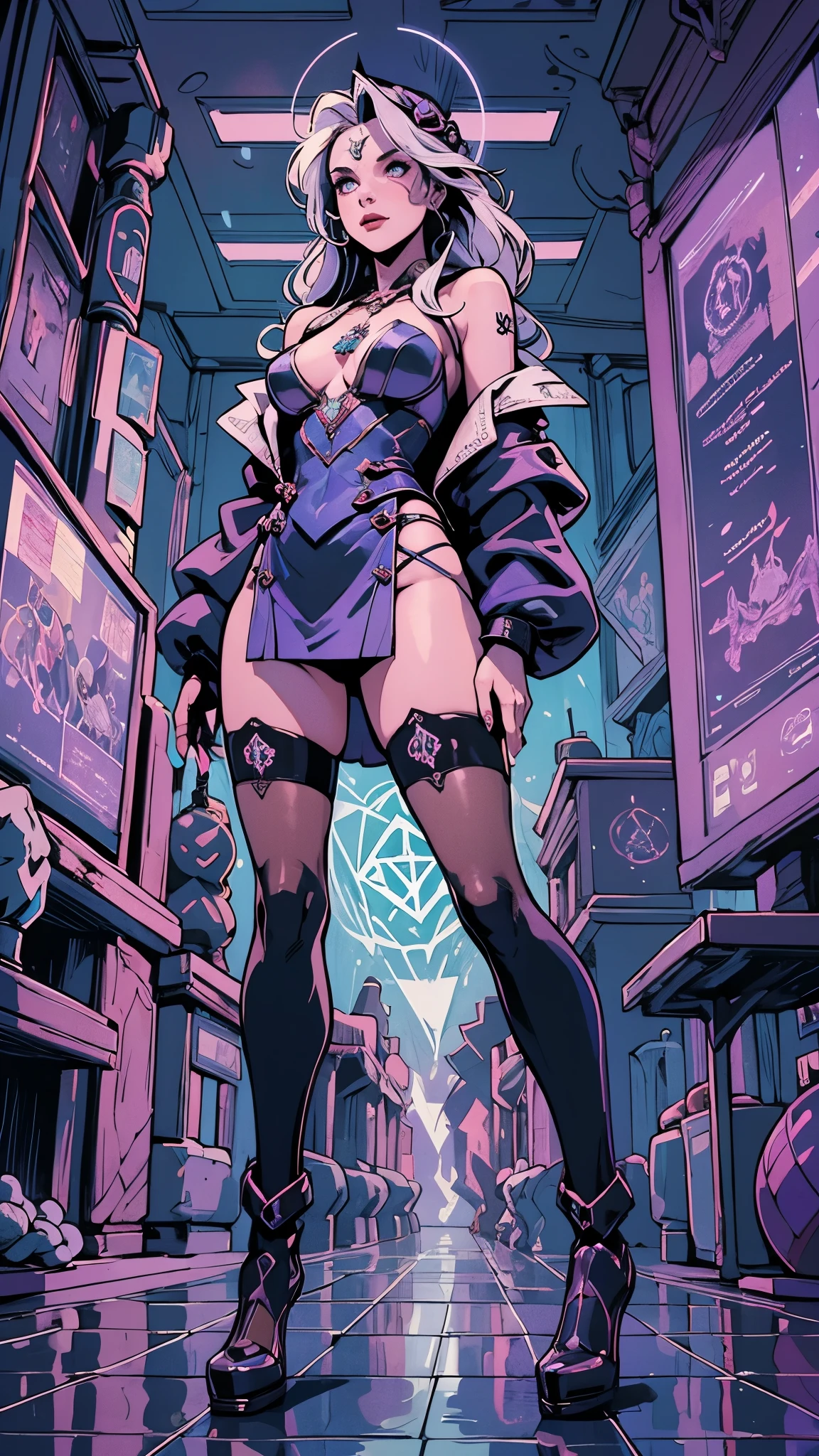 depicts a modern-day witch who has embraced the world of cybernetics to enhance her magical abilities. The artwork should convey the enchanting blend of traditional witchcraft and futuristic technology. Here are some specific elements to include: The Witch's Lair: The setting should be a cozy yet slightly eerie room, filled with magical books, crystal balls, potion ingredients, and antique furnishings. The room should be dimly lit by candles and a soft, mystical glow emanating from her cybernetic enhancements. The Cyborg Witch: The central focus of the artwork is the witch herself. She's a striking figure with a mix of traditional witch attire and cybernetic enhancements. Her clothing should have a witchy, occult aesthetic, with flowing robes, a pointed hat, and an intricate pentagram necklace. Her arms, however, have been upgraded with cybernetic components that incorporate magical symbols and glowing runes. Magical Interface: The witch is in the midst of casting a spell, with a holographic, touch-screen interface floating before her. This interface includes spell incantations, arcane symbols, and digital components, demonstrating her fusion of magic and technology. Spell Ingredients: On a nearby table, there should be a collection of spell ingredients, like herbs, potions, and magical artifacts. Some of these items may have been modified with cybernetic enhancements, blurring the line between the natural and the technological. Familiar: The witch's familiar, perhaps a cat or raven, should be present in the scene, serving as her magical companion. The familiar could also have subtle cybernetic enhancements or glowing eyes. Glowing Runes: The room should be adorned with ancient symbols and glowing runes on the walls and floor, contributing to the magical atmosphere. Aetherial Lighting: Use a combination of mystical, ethereal lighting and cybernetic glows to create a captivating interplay of light and shadow. The contrast between the tradit