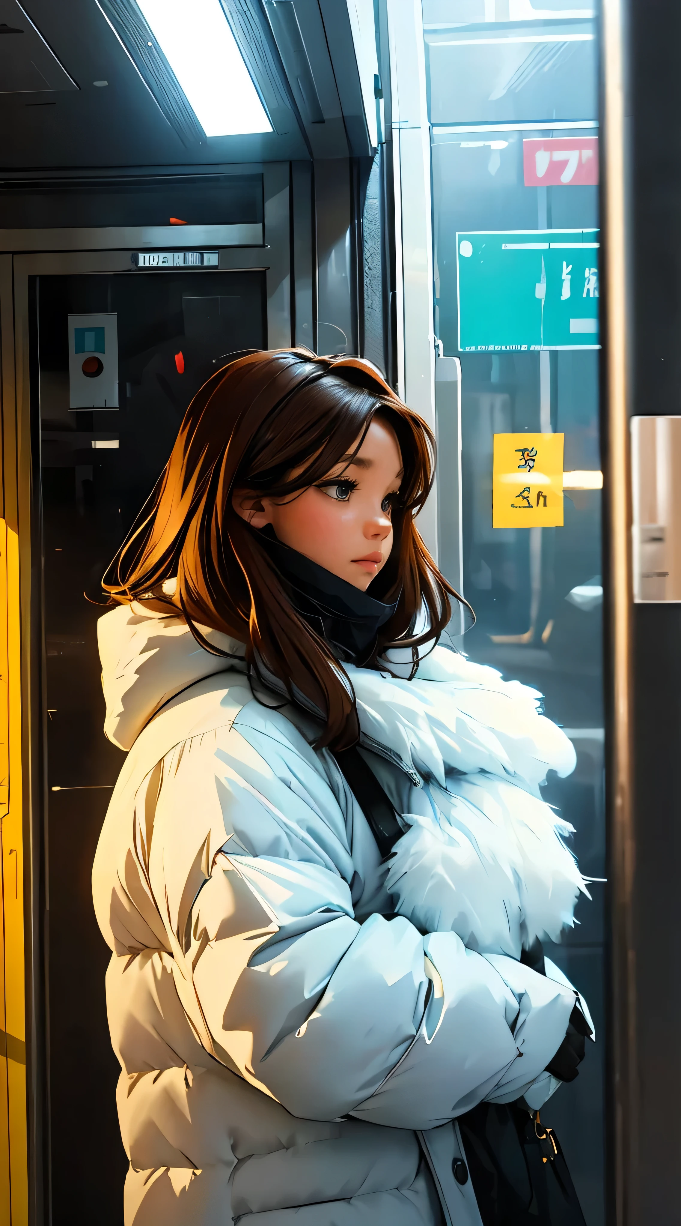 Man looking at the scenery outside the window in front of the subway door,A woman looking at the woman from the side,vivid colors, soft focus, Light leakage, dreamy winter atmosphere, experimental charm, Retro charm break color field painting, A variety of colors, abstract expressionism, bold hues, emotional impact, atmospheric depth, Minimalist approach BREAK, Beautiful girl, UHD (ultra detail) Viewers watching him wearing hip-hop style padding.., another, fancy, long, hair dyed brown 🌈, bright padded clothing, White stardust in dark areas, absurd, high resolution, very detailed, (1 male 1 female : 1.3), vivid colors, soft focus, Light leakage, dreamy atmosphere, information