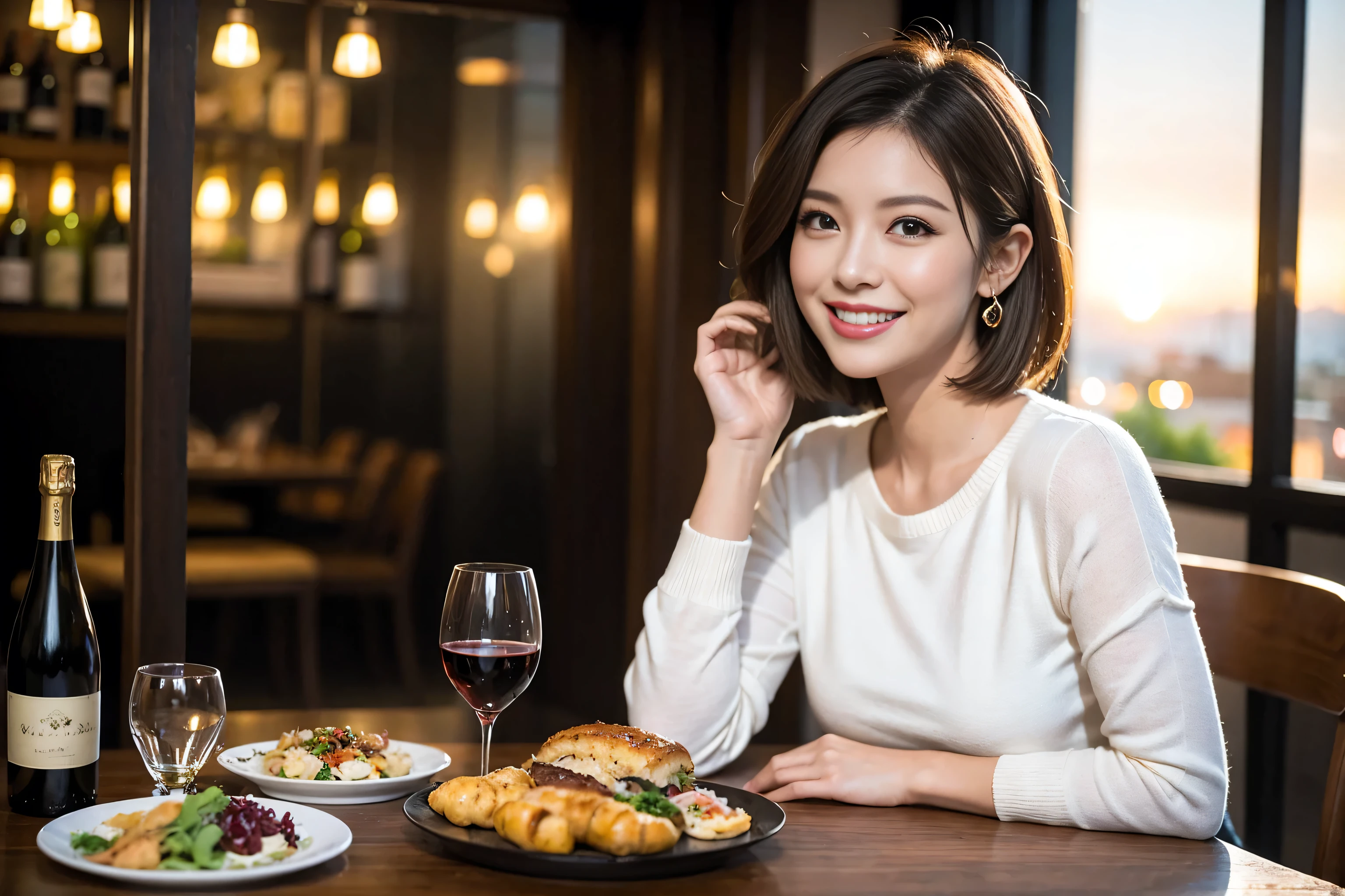 (Realistic:1.1),(masterpiece,Highest quality),8k,(49 years old), 53 years old, ベリーslimボディ、slimカップル、Tight waist,Upper Body,full-course dinner、wine 、Amazing view of the sunset sky and clouds、Perfect Anatomy, Brown Hair, short hair,Random Hairstyles,((Highly detailed face and eyes:1.2)),Perfect golden ratio face,Long sleeve shirt、dress,(smile:1.2)、Shortcuts、cute、(Realistic, Intricate details:1.2), A bright smile、short hair,Bright Face、赤wine 、Appetizers、Italian food、wine bottle、Champagne、スパークリングwine、(slimな顔), (The body is slim), (Brown Hair), (Shortcuts), Upper Body, 白wine, slim, wineグラス,