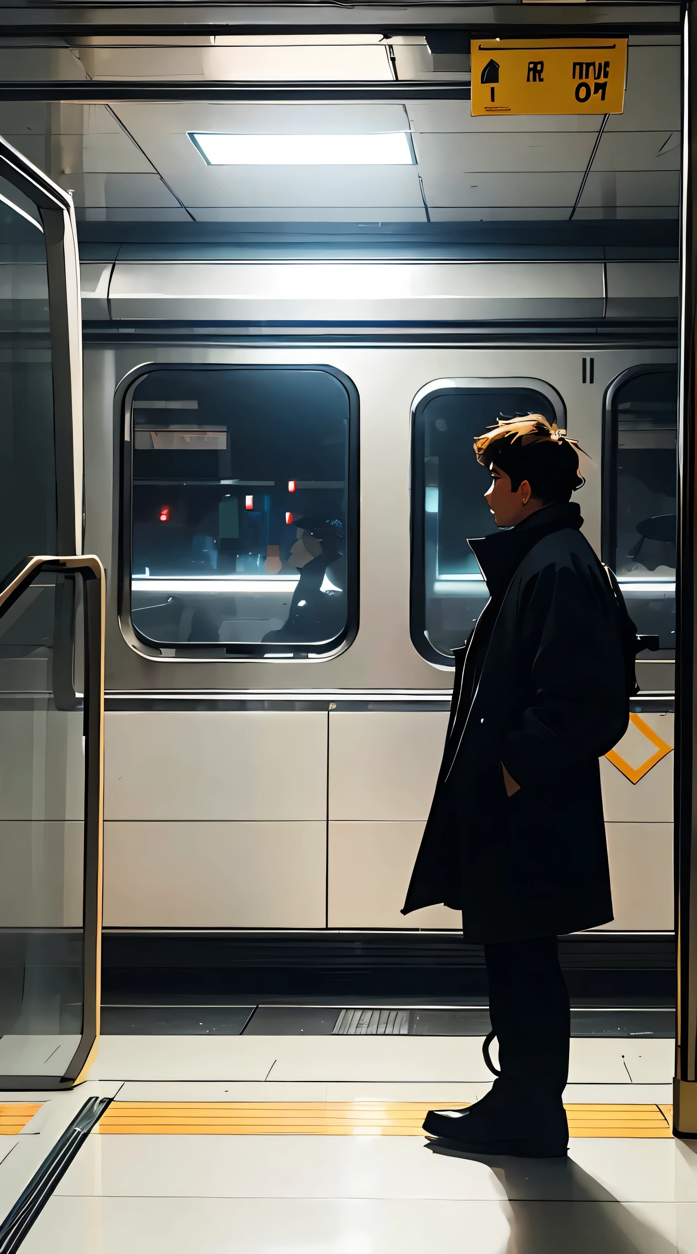 A lonely and sad man looking in the distance while standing in the city, viewed from the side. The scene is set inside a subway, with the man gazing at the scenery outside the window in front of the subway door. The image features vivid colors, soft focus, light leakage, and a dreamy winter atmosphere. It has an experimental charm, retro aesthetics, and breaks color field painting boundaries. The use of various colors and abstract expressionism conveys bold hues and emotional impact, with atmospheric depth. The composition adopts a minimalist approach.
In the scene, a beautiful woman with long, fancy brown-dyed hair and bright padded clothing stands beside him, viewed by the viewers as wearing hip-hop style padding. White stardust speckles the dark areas, adding an absurd, high-resolution, highly detailed touch. The composition emphasizes a vivid color palette, soft focus, light leakage, and a dreamy atmosphere
