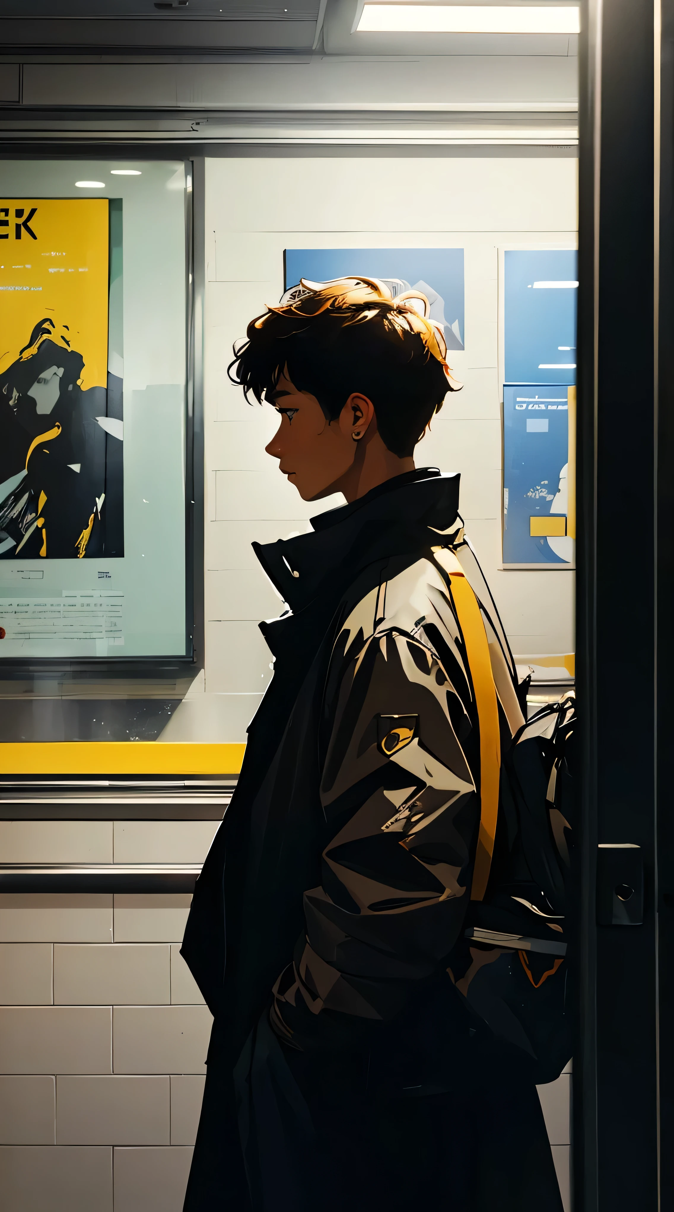 A lonely and sad man looking in the distance while standing in the city, viewed from the side. The scene is set inside a subway, with the man gazing at the scenery outside the window in front of the subway door. The image features vivid colors, soft focus, light leakage, and a dreamy winter atmosphere. It has an experimental charm, retro aesthetics, and breaks color field painting boundaries. The use of various colors and abstract expressionism conveys bold hues and emotional impact, with atmospheric depth. The composition adopts a minimalist approach.
In the scene, a beautiful woman with long, fancy brown-dyed hair and bright padded clothing stands beside him, viewed by the viewers as wearing hip-hop style padding. White stardust speckles the dark areas, adding an absurd, high-resolution, highly detailed touch. The composition emphasizes a vivid color palette, soft focus, light leakage, and a dreamy atmosphere