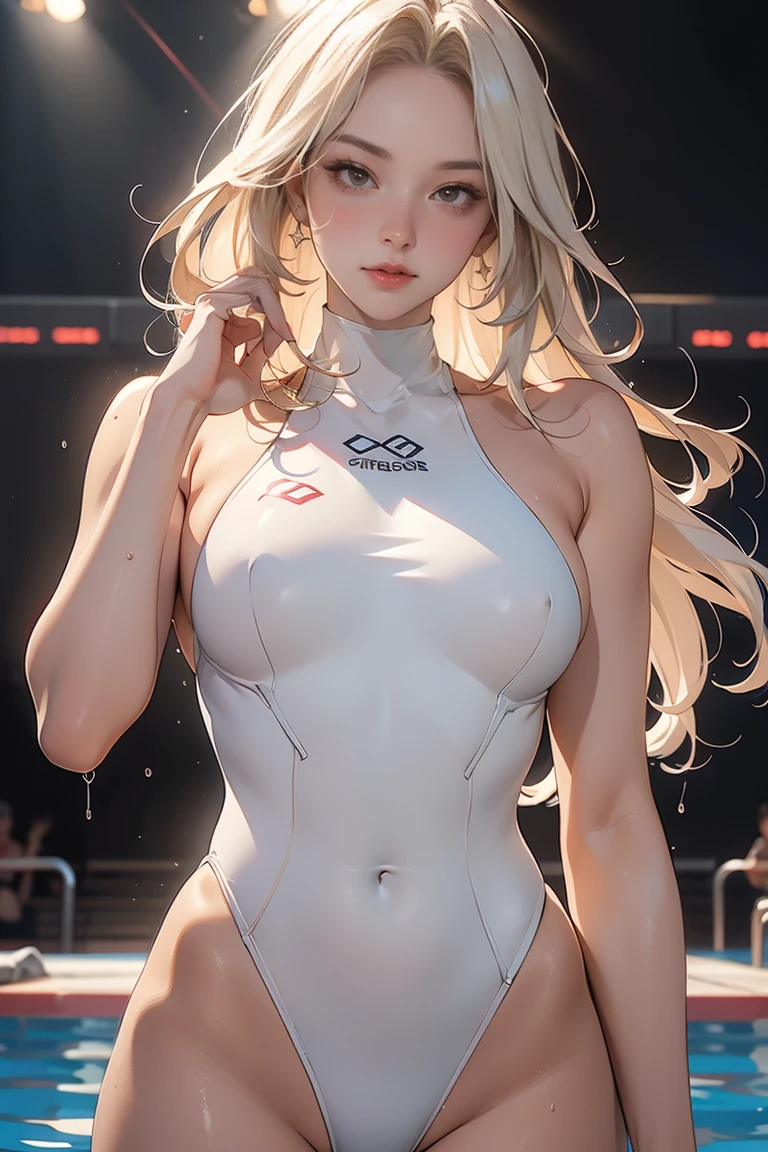 ((masterpiece, Highest quality, High resolution, Highly detailed CG integrated 8K wallpaper)), (Huge and stunning goddess shot, Very hot and sexy, Incredible beauty, Perfect Proportions, Beautiful body, Slim body beauty:1.3), Olympic Games, Swimming Stadium at night, Female athletes preparing under the lights, Wet body, sweating, Glowing Skin, Oiled body, Blonde, Brown Skin, Wearing a swimsuit, The white swimsuit monokini is wet and transparent.Holding a Pokemon Premier Ball in his right hand．