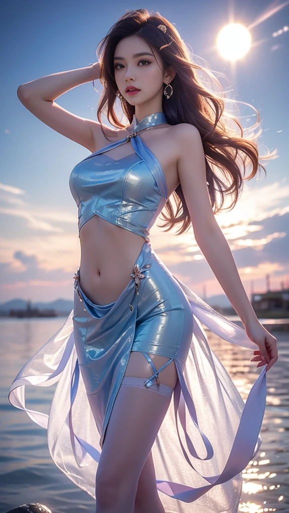 8K, ultra hd, masterpiece, hd colors, 1 girl, perfect face, very long curly hair, detailed eyes, detailed dress, ((blue dress)), stocking, flower lace, ((mesh ribbon)), sardine, straps, net clothing, loops, bare navel, jwellery, waterside, Realistic scenery, epic scenery, sun rising, evening, clouds, Butterfly, cherry blossom, blowing wind, perfect pose, ray tracing, bloom,