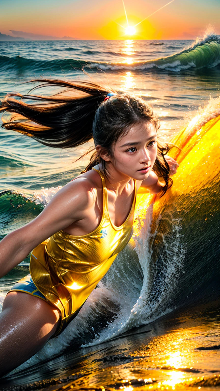 a girl surfing, sun shining brightly, riding waves, beautiful detailed eyes, beautiful detailed lips, extremely detailed eyes and face, long eyelashes, surfer girl, ocean waves, crashing waves, dynamic pose, athletic, active, action, outdoor, sunny day, golden hour, warm lighting, vibrant colors, photorealistic, 8k, hyper detailed, masterpiece