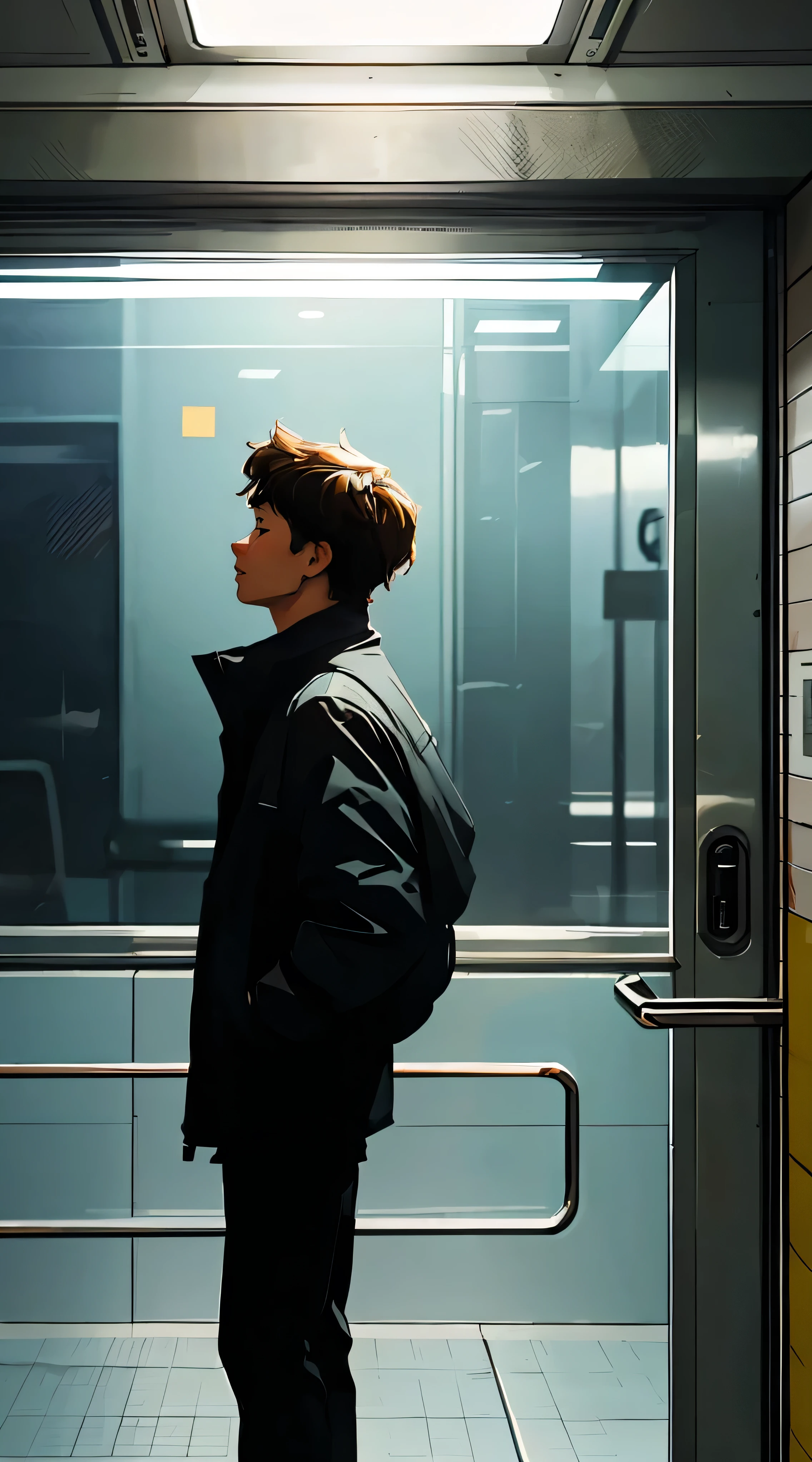 A lonely and sad man looking in the distance while standing in the city, viewed from the side. The scene is set inside a subway, with the man gazing at the scenery outside the window in front of the subway door. The image features vivid colors, soft focus, light leakage, and a dreamy winter atmosphere. It has an experimental charm, retro aesthetics, and breaks color field painting boundaries. The use of various colors and abstract expressionism conveys bold hues and emotional impact, with atmospheric depth. The composition adopts a minimalist approach.

In the scene, a beautiful woman with long, fancy brown-dyed hair and bright padded clothing stands beside him, viewed by the viewers as wearing hip-hop style padding. White stardust speckles the dark areas, adding an absurd, high-resolution, highly detailed touch. The composition emphasizes a vivid color palette, soft focus, light leakage, and a dreamy atmosphere