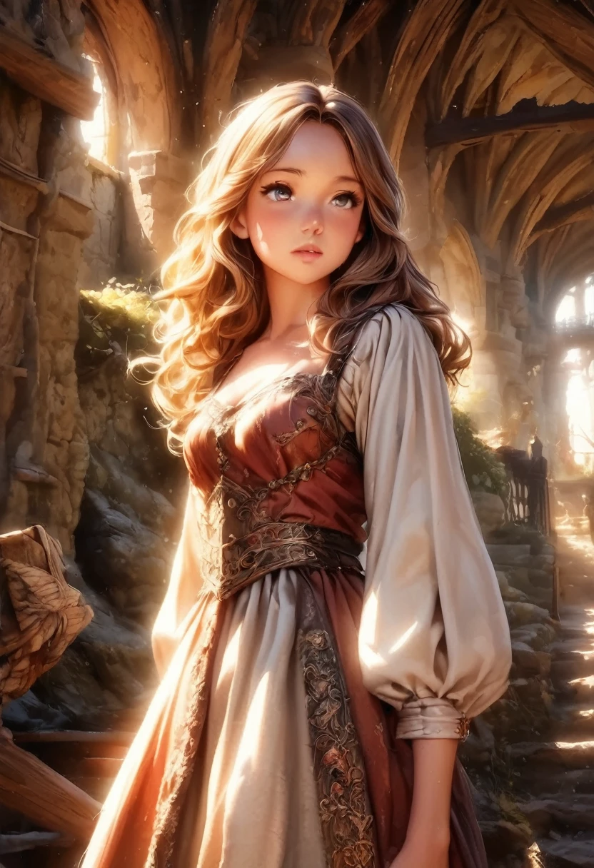a beautiful 18 year old girl with soft wavy brown hair and light brown eyes, medieval clothes, detailed eyes and face, intricate embroidered dress, high quality, photorealistic, digital painting, warm lighting, fantasy, cinematic composition