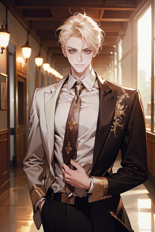 (tmasterpiece, high resolution, ultra - detailed:1.0), (1 boy, Young male, masculine face), Perfect male body, tall and strong, Adult male, Delicate eyes and delicate face, Extremely detailed CG, Unity 8k wallpaper, Complicated details, Detailed face, (blond hair, messy hair, serious faces, white shirts,Bad students), (frown,evil smile:1.3), stad in school corridor, street style, color difference, Depth of field, dramatic shadow, Ray tracing, Best quality, Cinematic lighting, offcial art,Portrait