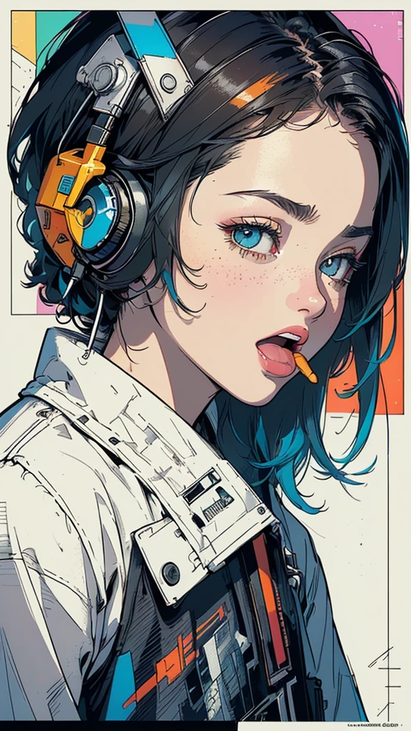 (((masterpiece, highest quality))),(((solo:1.2))),(((1girl:1.2))),32k wallpaper, very detailed, poster, vintage science fiction,(((((geometric cinematic movie poster))))), ((bauhaus)),(shape),(((abstract))),(mid century modern),(((((portfolio))))),(((((Close-up))))),(((((bust up))))),((((more various angle)))),((((highlight)))),((((heterochromia)))),(((complete. detailed face))),((((Extremely talented)))),(((((most complecated futristic machine))))),(Colorful color scheme),(((detailed unlimited complete equipment : headphone like a rail gun))),(((((Absolutely simple background))))),(((Texture for people : grunge))),(((Cheek resting on hand))),((Rest on your chin))),(((((open mouth amazing wide)))))