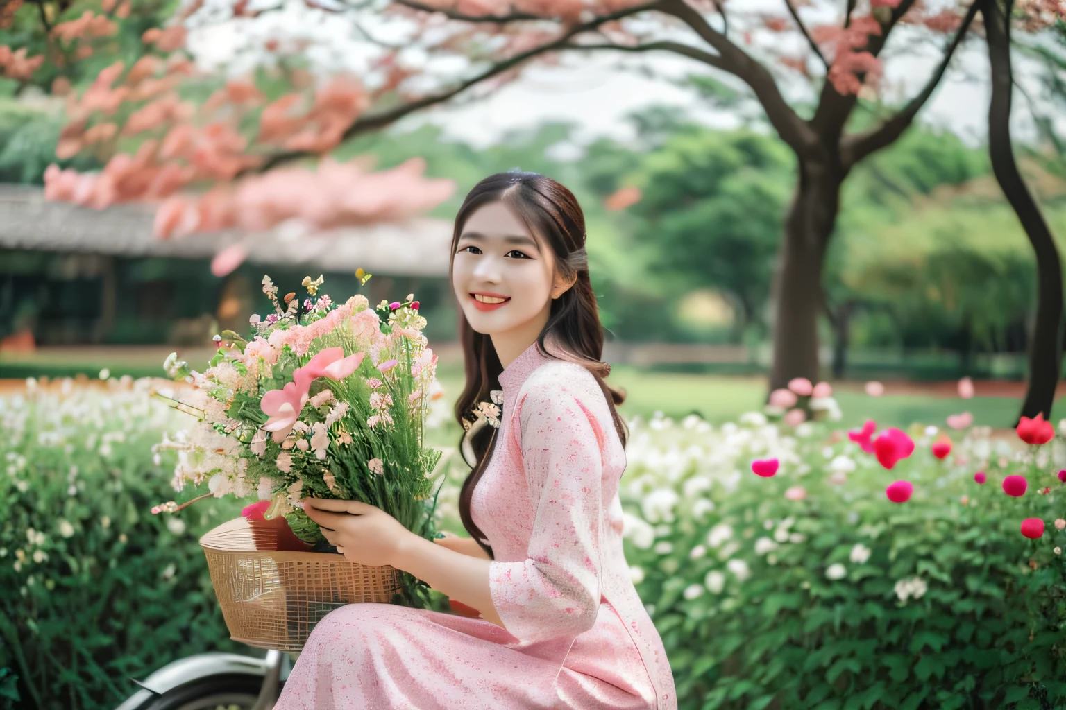 aodai, smile, photographed on a Nikon Z7 II Mirrorless Camera,120mm F/4 wide-angle
a woman in a pink dress  with flowers in it and a (basket of flowers), Ding Yunpeng, phuoc quan, a stock photo, art photography
a woman in a white dress holding a bouquet of flowers, Byeon Sang-byeok, portrait photography, a stock photo, art photography
1girl, aodai, photo art, (flowers:1.2), tree, a stunning photo with beautiful saturation, ultra high res,(realistic:1.4)),deep shadow,(best quality, masterpiece), pale skin, dimly lit, shade, flustered, blush, highly detailed, skinny, BREAK depth of field, film grain, wrinkled skin, looking at viewer, knee, warm smile, 