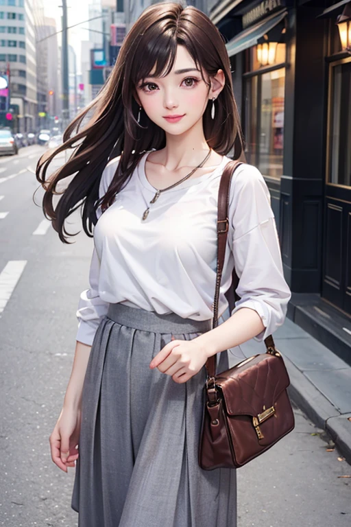 (Highest quality、 8k 、masterpiece、High resolution)、Young lovely woman、Ample breasts、Smooth and unnoticeable collarbone、Slender beauty、(Brown hair medium、My hair is blowing in the wind、Flows backwards)、Full Body Shot、 (Beautiful Face,Beautiful Eyes,Beautiful nose,Pretty lips)、(Stephanie hoove earrings、silver heart necklace)、((Official Casual、knit、shirt、slacks、skirt、Black or white、Finish with basic colors such as pink))、Has an official bag、Her mouth opens slightly and a smile appears.、Nice pose、Building district、office Street、looking at the camera、Professional Lighting、Professional photographer、Detailed CG、