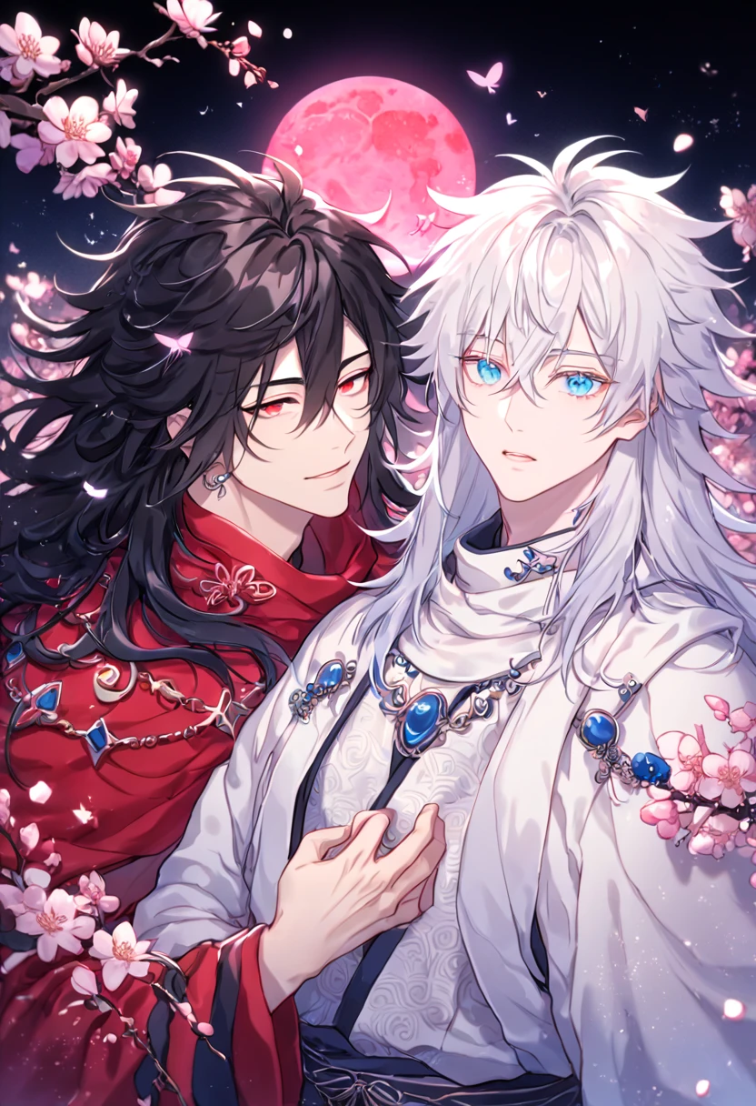 absurdres, highres, ultra detailed, HDR, master piece, best quality, extremely detailed face, delicated features, Xue Yu, untamed spiky hair, black hair, long hair, hair between the eyes, expressive red eyes, Thousand Years War, Gojou Satoru, white hair, messy hair, expressive blue eyes, two sexy men together, gay couple, yaoi, handsome, black cape, red robes, white robes, accessories, patterns, fantasy, magical, radiant, pink butterflies, pink flowers, night sky, shinning pink moon, blossoms, Jujutsu Kaisen