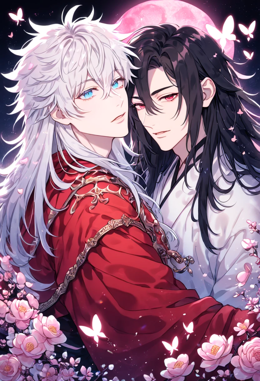 absurdres, highres, ultra detailed, HDR, master piece, best quality, extremely detailed face, delicated features, Xue Yu, untamed spiky hair, black hair, long hair, hair between the eyes, expressive red eyes, Thousand Years War, Gojou Satoru, white hair, messy hair, expressive blue eyes, two sexy men together, gay couple, yaoi, handsome, black cape, red robes, white robes, accessories, patterns, fantasy, magical, radiant, pink butterflies, pink flowers, night sky, shinning pink moon, blossoms, Jujutsu Kaisen