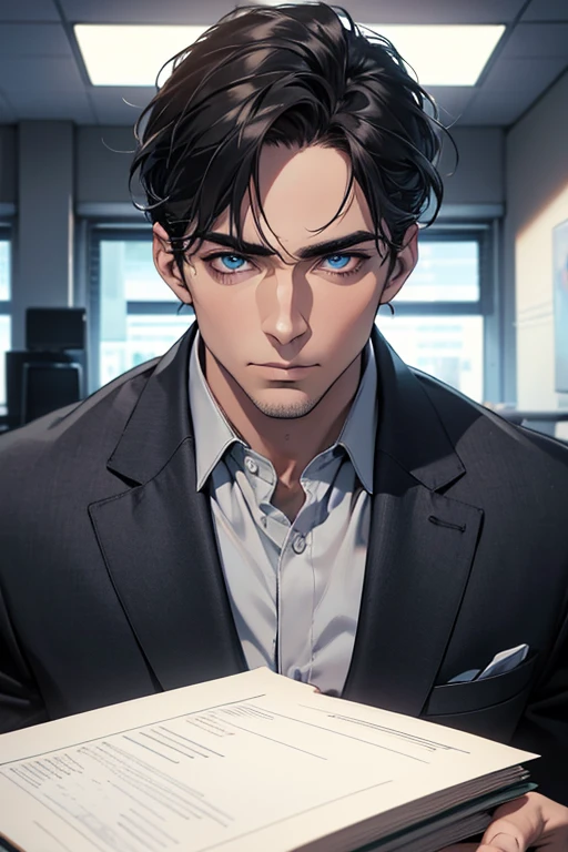 (Best Quality,4k,8k,high resolution,Masterpiece:1.2),ultra detailed,(realist,photorealist,photo-realist:1.37),1 man,31 years,mature man,very handsome,without expresion,muscled body,short gray black hair,Blue eyes,glare,perfect face without mistakes,imposing posture,businessman,office background,cinematic lighting,imagen HDR