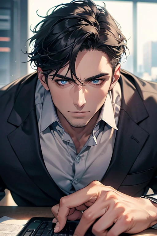 (Best Quality,4k,8k,high resolution,Masterpiece:1.2),ultra detailed,(realist,photorealist,photo-realist:1.37),1 man,31 years,mature man,very handsome,without expresion,muscled body,short gray black hair,Blue eyes,glare,perfect face without mistakes,imposing posture,businessman,office background,cinematic lighting,imagen HDR
