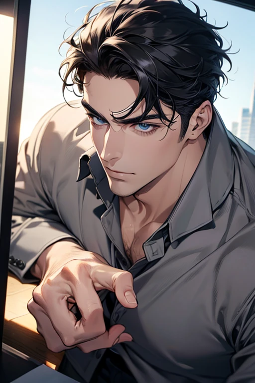 (Best Quality,4k,8k,high resolution,Masterpiece:1.2),ultra detailed,(realist,photorealist,photo-realist:1.37),1 man,31 years,mature man,very handsome,without expresion,muscled body,short gray black hair,Blue eyes,glare,perfect face without mistakes,imposing posture,businessman,office background,cinematic lighting,imagen HDR