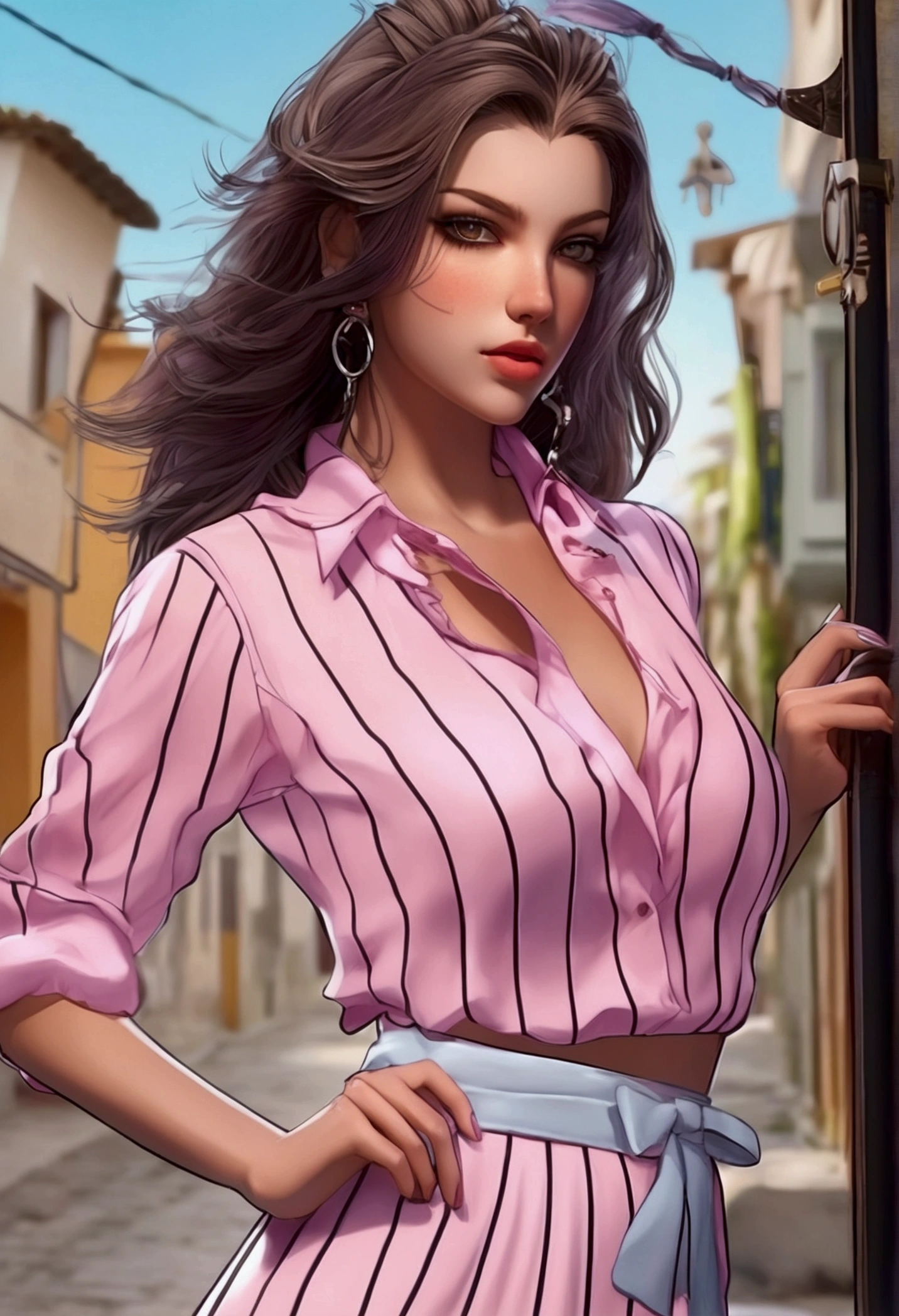 (Canon 50),(Rendered by octane),8k, seducer, symmetrical face, Dramatic cinematic lighting, Dramatic +2, hyper realist, spirited, Pose very sexy. 1 Slavic woman, very sexy, breasts small, legs thick, highlight on legs!!!, blinking with the left eye, white shirt with thick black horizontal stripes, pleated skirt predominantly pink with few shades of light blue, coastal view, half-open mouth and thick lips, sultry gaze. Ao fundo, A city. She&#39;s walking down the road alone