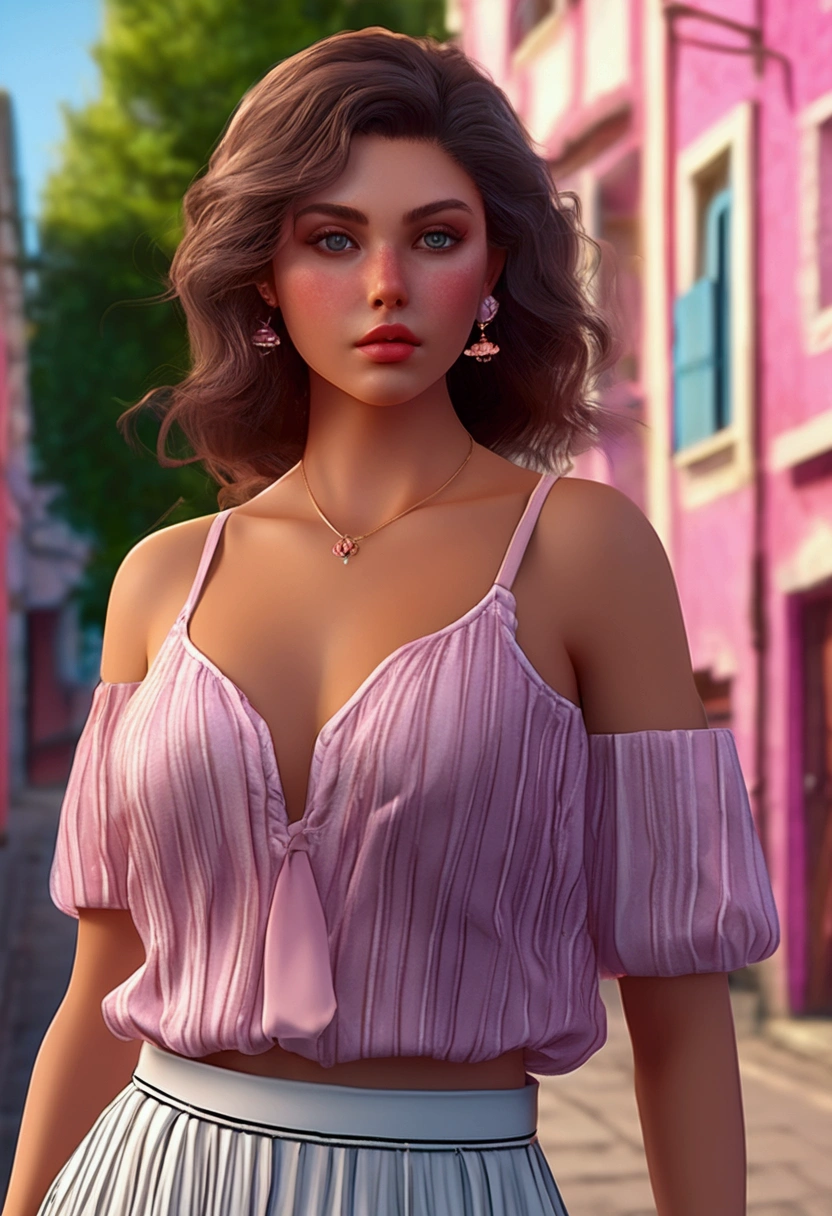 (Canon 50),(Rendered by octane),8k, seducer, symmetrical face, Dramatic cinematic lighting, Dramatic +2, hyper realist, spirited, Pose very sexy. 1 Slavic woman, very sexy, breasts small, legs thick, highlight on legs!!!, blinking with the left eye, white shirt with thick black horizontal stripes, pleated skirt predominantly pink with few shades of light blue, coastal view, half-open mouth and thick lips, sultry gaze. Ao fundo, A city. She&#39;s walking down the road alone