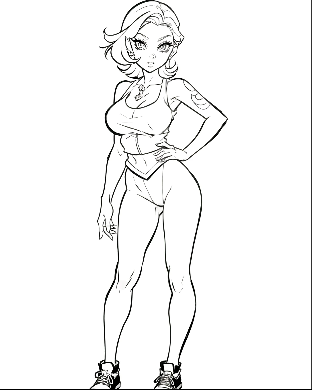 Coloring page for , a pin-up girl tattoo, standing, complete body, for coloring
books, simple line, high contrast, white background