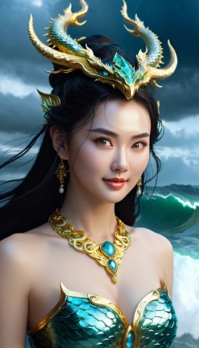 Portrait, extremely detailed facial close-up, inspired by the legends of ancient Asian goddesses, shot from the waist up. The goddess's face is a blend of modern beauty, combining the most prominent features of Thai, Korean, Hong Kong and Chinese movie stars. She has a stunningly beautiful face with strong, defined features and sharp eyes that shine with supernatural power, able to see through the human heart, captivating the viewer. Her eyes are somewhat cold, but exude a strong inner spirit. Long, flowing black hair falls down her back, intertwined with sparkling dragon scales, adding a mysterious touch to her appearance. ((The girl's chest is covered under the armor)).
The majestic dragon horns elegantly protrude from her forehead, curved and shiny, further emphasizing her divine nature. Her skin is smooth and radiant, with a delicate texture reminiscent of dragon scales, hinting at her supernatural origins. She wears an elaborate gold necklace adorned with glowing gemstones, each emitting a soft, ethereal glow. In her hand, the goddess holds an ancient, mystical weapon – perhaps a staff or a staff – that radiates mythical energy and power.
The goddess stands tall and majestic, a towering figure of divine presence and supreme power. Her posture exudes grace, confidence, and unwavering strength, dominating the entire frame. Behind her, the backdrop shows a stormy seascape with huge waves crashing violently, the sky dark and ominous, filled with swirling storm clouds and flashes of lightning. The entire scene conveys a sense of her monumental scale and divine power.
Rendered in a surreal digital art style with dramatic lighting, the image adds to the intense atmosphere and highlights her divine appearance. The contrast between the goddess' calm, serene demeanor and the chaotic elements around her emphasizes her mastery over nature and her majestic presence, ((mysterious smiling))