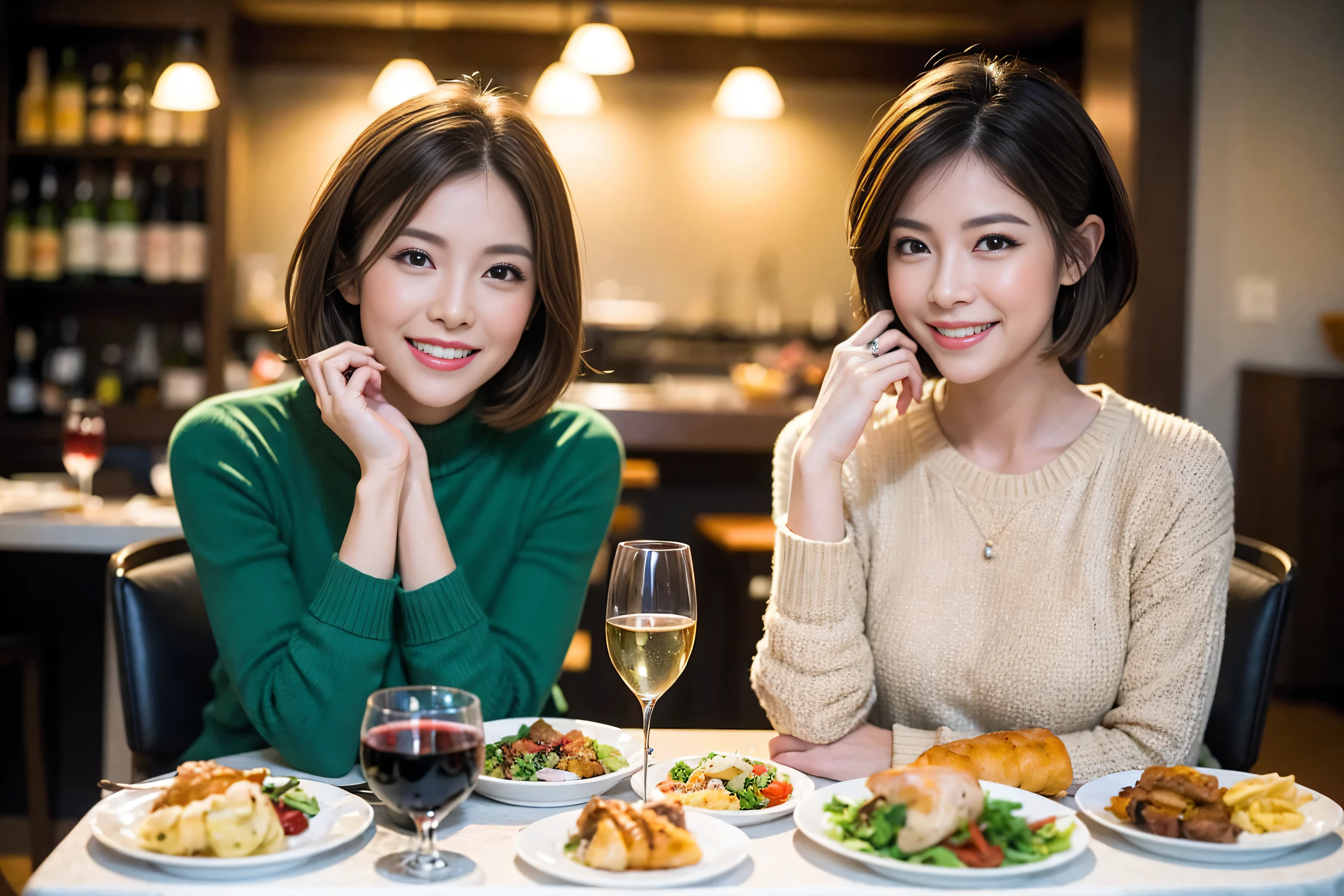 （Realistic:1.1）,(masterpiece,Highest quality)，8k,(49 years old), 50 years old, ベリーslimボディ、slimカップル、Tight waist,Upper Body,full-course dinner、wine 、Amazing view of the sunset sky and clouds、Perfect Anatomy, Brown Hair, short hair,Random Hairstyles,((Highly detailed face and eyes:1.2))，Perfect golden ratio face，Long sleeve shirt、dress,(smile:1.2)、Shortcuts、cute、(Realistic, Intricate details:1.2), A bright smile、short hair,Bright Face、赤wine 、Appetizers、Italian food、wine bottle、Champagne、スパークリングwine、(slimな顔), (The body is slim), (Brown Hair), (Shortcuts),  Upper Body, 白wine, slim, wineグラス, 