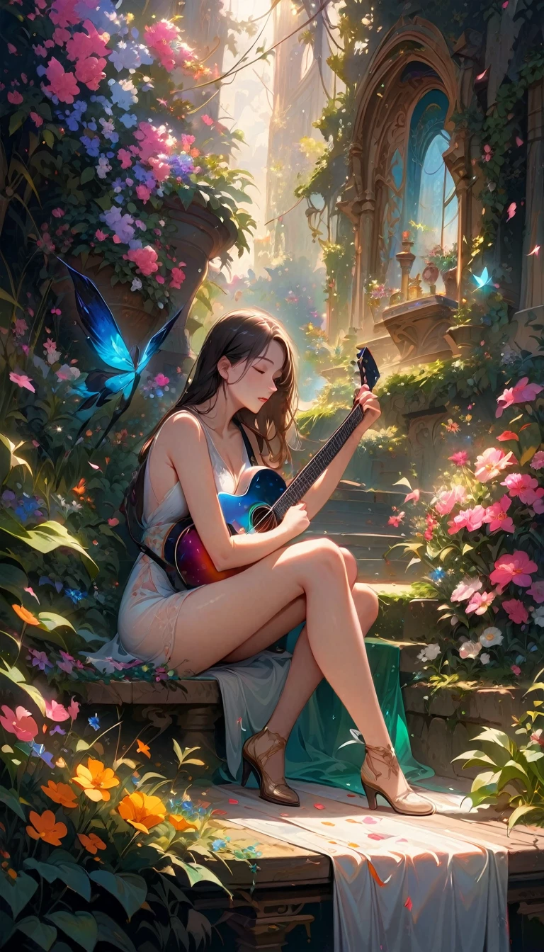 (Highest quality,4K,8k,High resolution,masterpiece:1.2),Very detailed,Realistic,Transparent guitar sculpture,A clear spring morning,Sunlight reflecting off a guitar,Body Details,Delicate strings,Vibrant color palette,Sculpting Tools,Hourglass Shape,Sound hole,Elegant Curves,Polished surface,Delicate carving,Light and shadow effects,Subtle reflection,Sparkling Surface,Shining Jewels,Petals falling,Floral,Emerald accents throughout,Transparent essence of spring,Ethereal atmosphere,Peaceful garden background,Serene atmosphere,Morning Dew,wood々The soft sunlight filtering through,Lush greenery,Brightly colored flowers,Harmony between nature and art,Perfect craftsmanship,Transcendental beauty,Awe-inspiring works of art