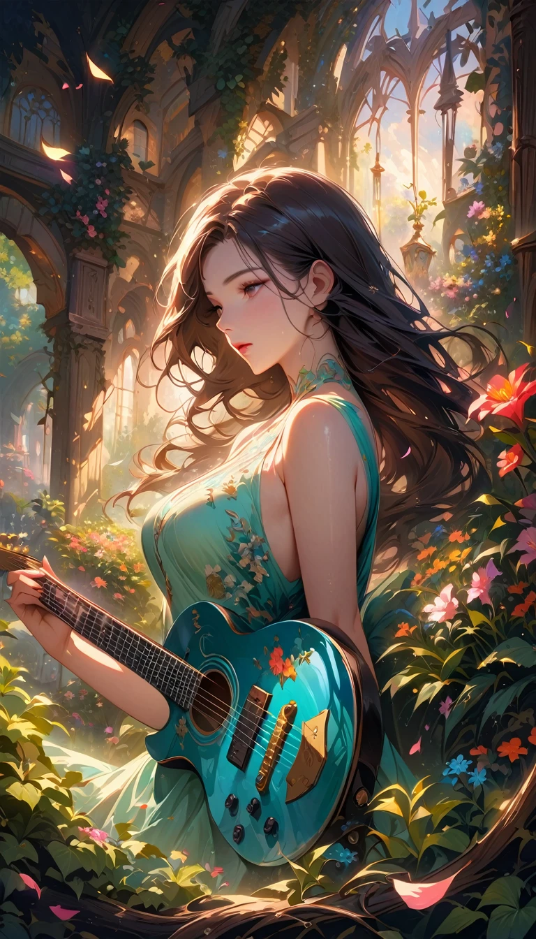 (Highest quality,4K,8k,High resolution,masterpiece:1.2),Very detailed,Realistic,Transparent guitar sculpture,A clear spring morning,Sunlight reflecting off a guitar,Body Details,Delicate strings,Vibrant color palette,Sculpting Tools,Hourglass Shape,Sound hole,Elegant Curves,Polished surface,Delicate carving,Light and shadow effects,Subtle reflection,Sparkling Surface,Shining Jewels,Petals falling,Floral,Emerald accents throughout,Transparent essence of spring,Ethereal atmosphere,Peaceful garden background,Serene atmosphere,Morning Dew,wood々The soft sunlight filtering through,Lush greenery,Brightly colored flowers,Harmony between nature and art,Perfect craftsmanship,Transcendental beauty,Awe-inspiring works of art