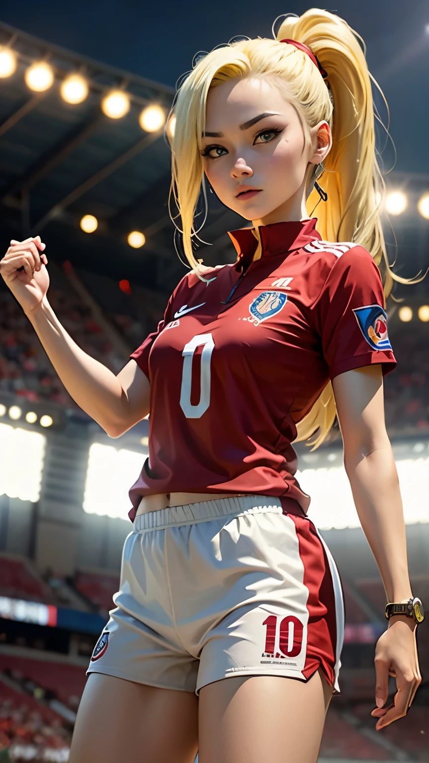 Yamanaka ino ,yellow hair ponytail, blue eyes, from the anime Naruto is wearing the Indonesian national football team's uniform. She is dressed in a red jersey with the Garuda emblem on the chest and white shorts. The background is the stadium. filled with cheering fans and a vibrant atmosphere.