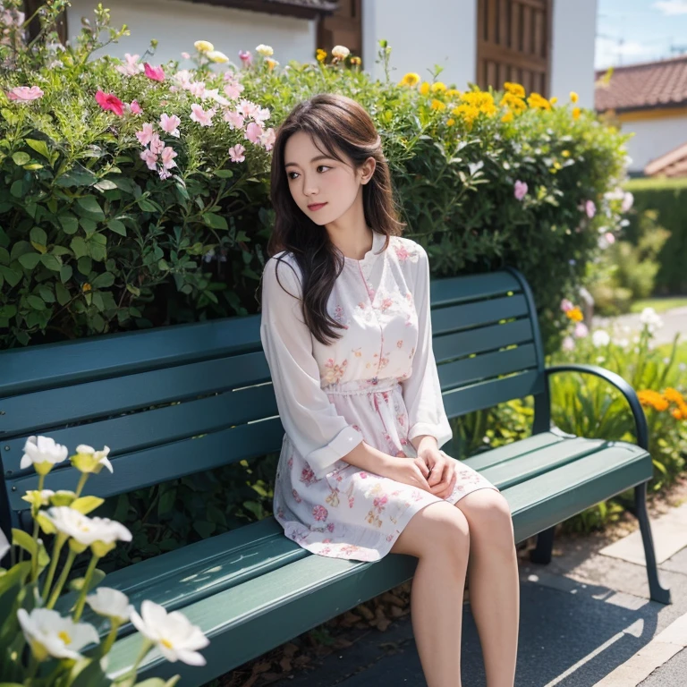 Girl sitting on a bench at the doorstep looking at the sky，Lots of flowers around