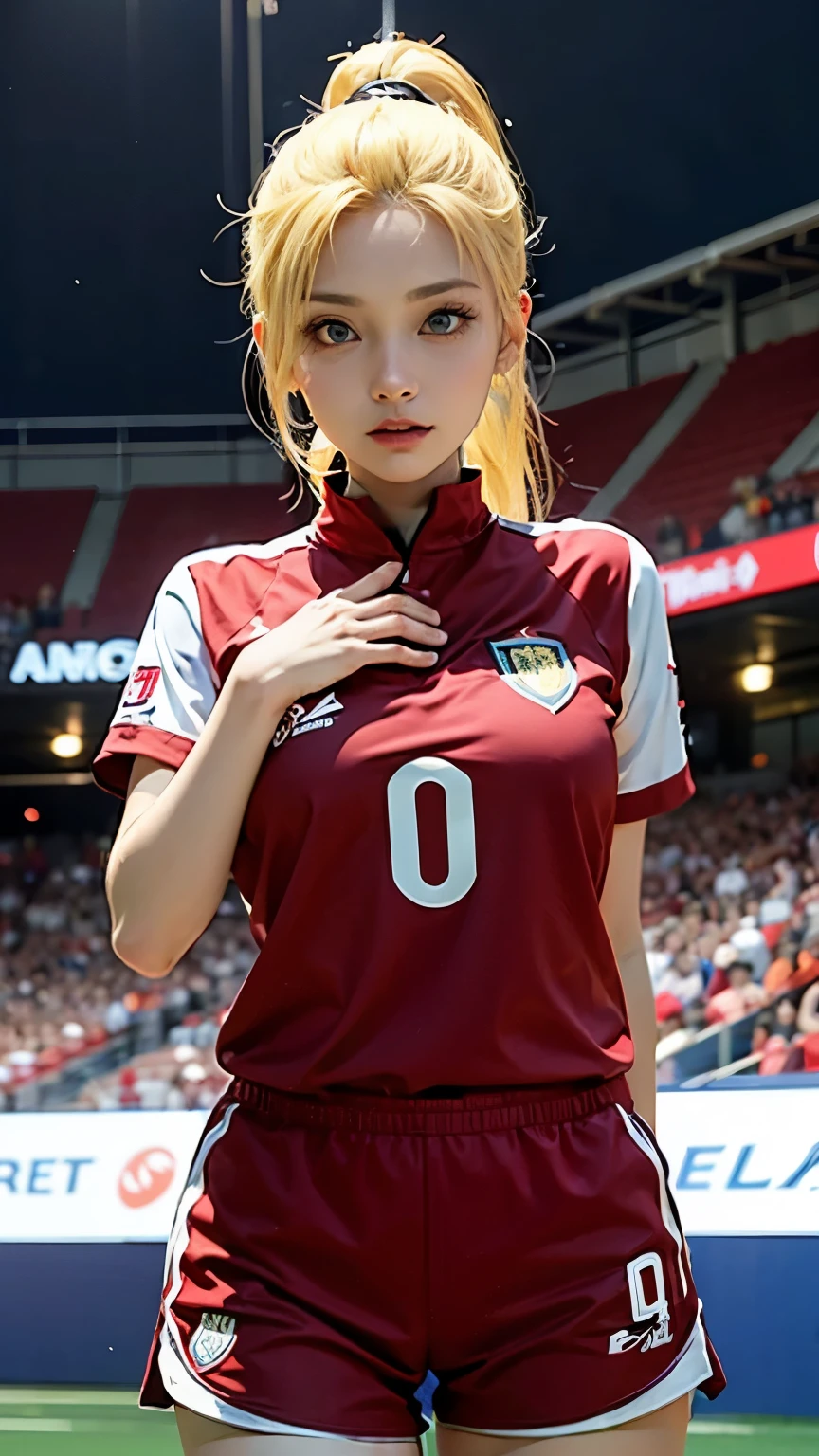 Yamanaka ino ,yellow hair ponytail, blue eyes, from the anime Naruto is wearing the Indonesian national football team's uniform. She is dressed in a red jersey with the Garuda emblem on the chest and white shorts. The background is the stadium. filled with cheering fans and a vibrant atmosphere.