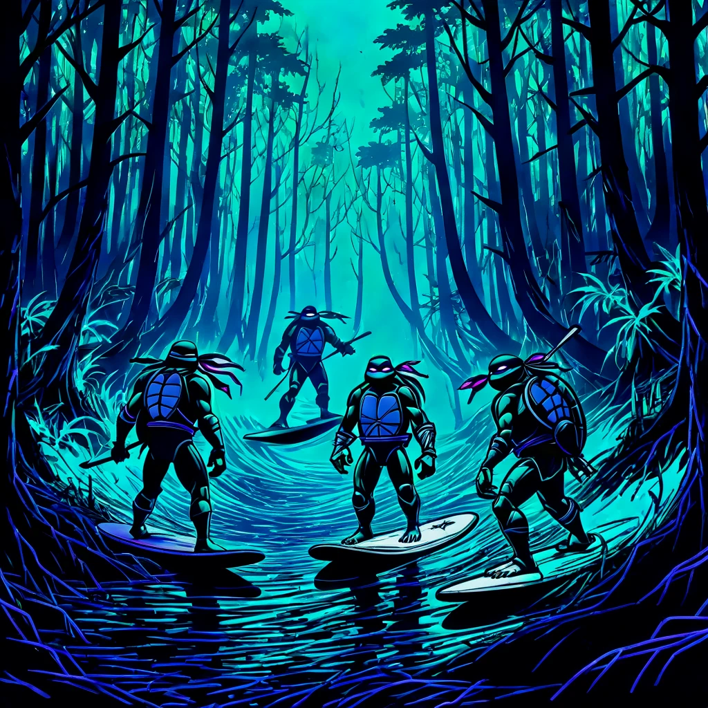 unnatural forest, unsettling, spooky, darkness, no light source, abyss, void, overwhelming, survival, apocalyptic, serene, forest, tmnt surfing, dim neon glow, abstract, apparition, haunted, spirits,
