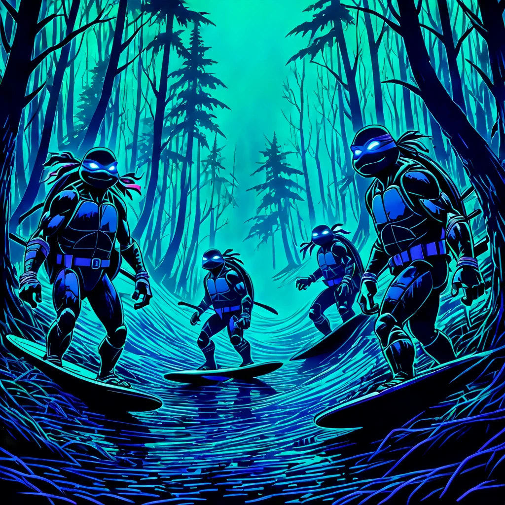 unnatural forest, unsettling, spooky, darkness, no light source, abyss, void, overwhelming, survival, apocalyptic, serene, forest, tmnt surfing, dim neon glow, abstract, apparition, haunted, spirits,
