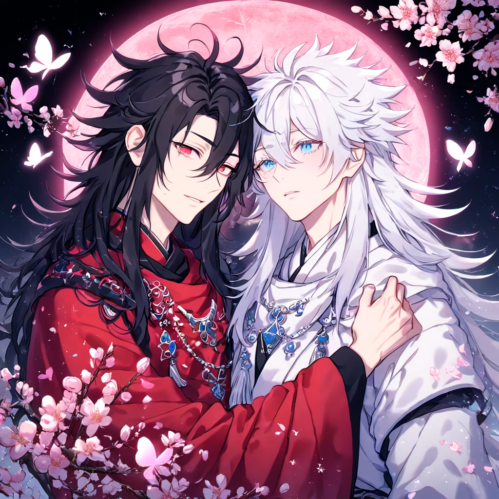 absurdres, highres, ultra detailed, HDR, master piece, best quality, extremely detailed face, delicated features, Xue Yu, untamed spiky hair, black hair, long hair, hair between the eyes, expressive red eyes, Thousand Years War, Gojou Satoru, white hair, messy hair, expressive blue eyes, two sexy men together, gay couple, yaoi, handsome, black cape, red robes, white robes, accessories, patterns, fantasy, magical, radiant, pink butterflies, pink flowers, night sky, shinning pink moon, blossoms, Jujutsu Kaisen