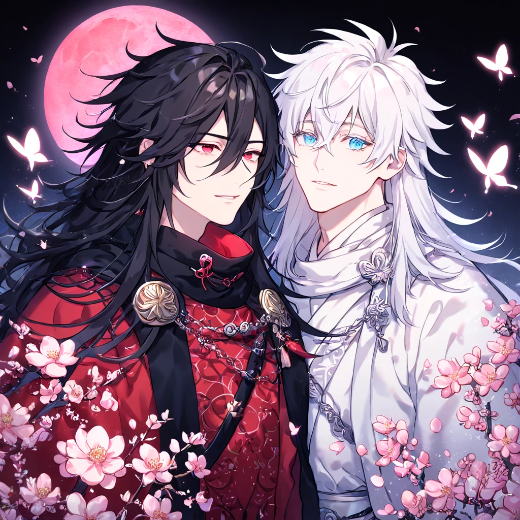 absurdres, highres, ultra detailed, HDR, master piece, best quality, extremely detailed face, delicated features, Xue Yu, untamed spiky hair, black hair, long hair, hair between the eyes, expressive red eyes, Thousand Years War, Gojou Satoru, white hair, messy hair, expressive blue eyes, two sexy men together, gay couple, yaoi, handsome, black cape, red robes, white robes, accessories, patterns, fantasy, magical, radiant, pink butterflies, pink flowers, night sky, shinning pink moon, blossoms, Jujutsu Kaisen
