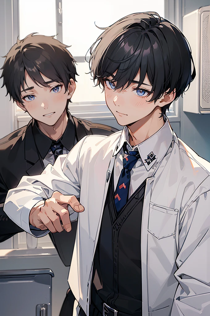 (muste piece), (best quality), very detailed, (((Two friendly high school boys:1.5))), perfect face, beautiful face, very detailed face，(short silver hair man:1.3)，(Man with short black hair:1.3)，School，classroom，student uniform，tie，long sleeve shirt