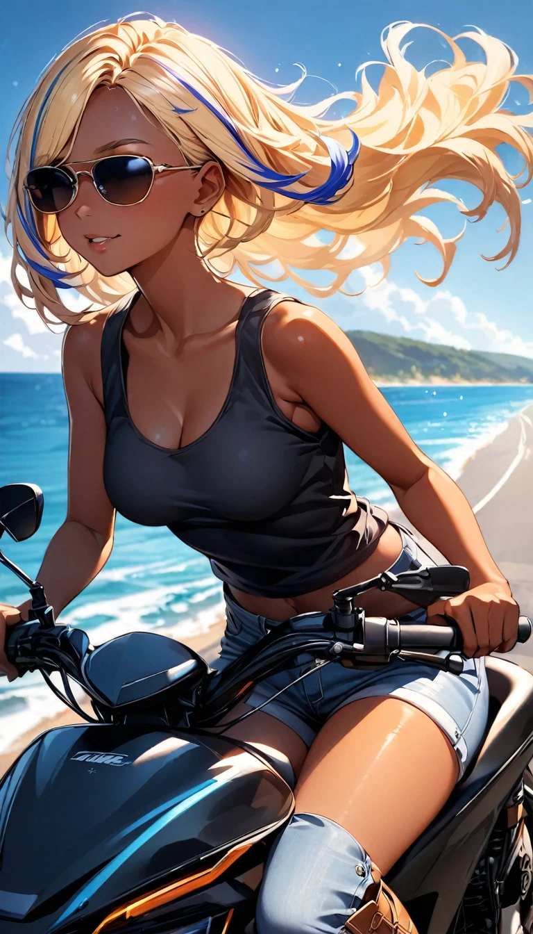 (highest quality:1.2, Very detailed, up to date, Vibrant, Ultra-high resolution, High Contrast, masterpiece:1.2, highest quality, Best aesthetics), Portraiture、girl、slim, Bright colors、Beautiful fine details、Beautiful lip detail、long hair, ((wavy hair:0.4))、messy hair, blonde and blue ((streaked hair:1.3)), highlights hair: 1.3, (medium breast:1), (tan skin:1.3), ((riding a motorcycle along a seaside road in summer:1)), tank top, jeans short pants, riding boots, (wearing sunglasses:1.5),looking ahead