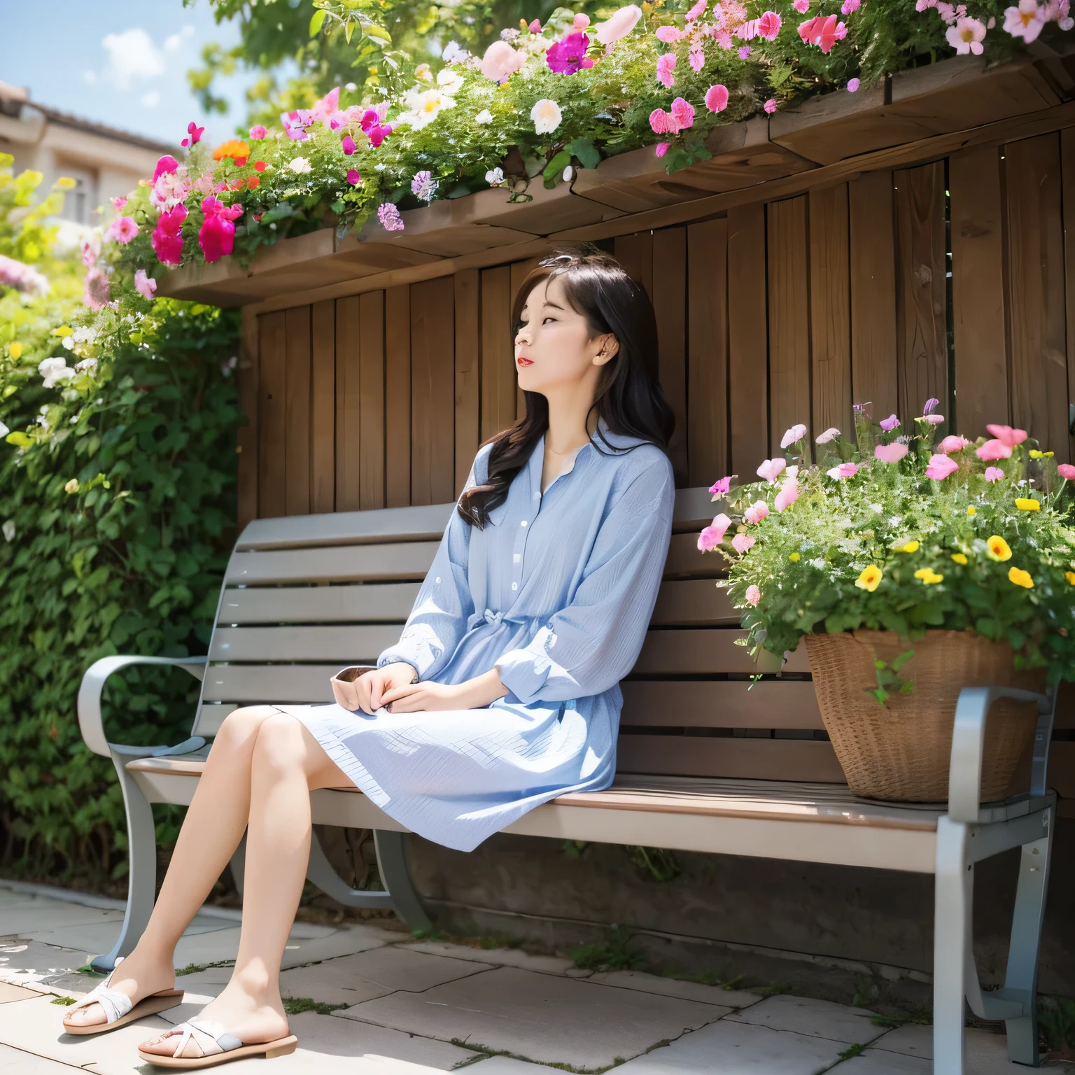 Girl sitting on a bench at the doorstep looking at the sky,Lots of flowers around
