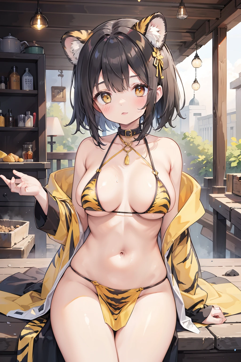 Cute girl, primitive girl, ancient human, neanderthal, short black hair, yellow eyes, stone age clothes, big breasts, wearing tiger skin