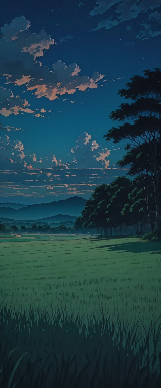 Obra maestra 8k Studio ghibli A serene landscape of a grassy field with trees in the backdrop, under a clear blue sky with clouds. sombra, 8khdr    sol     ilumination!!!!      noche