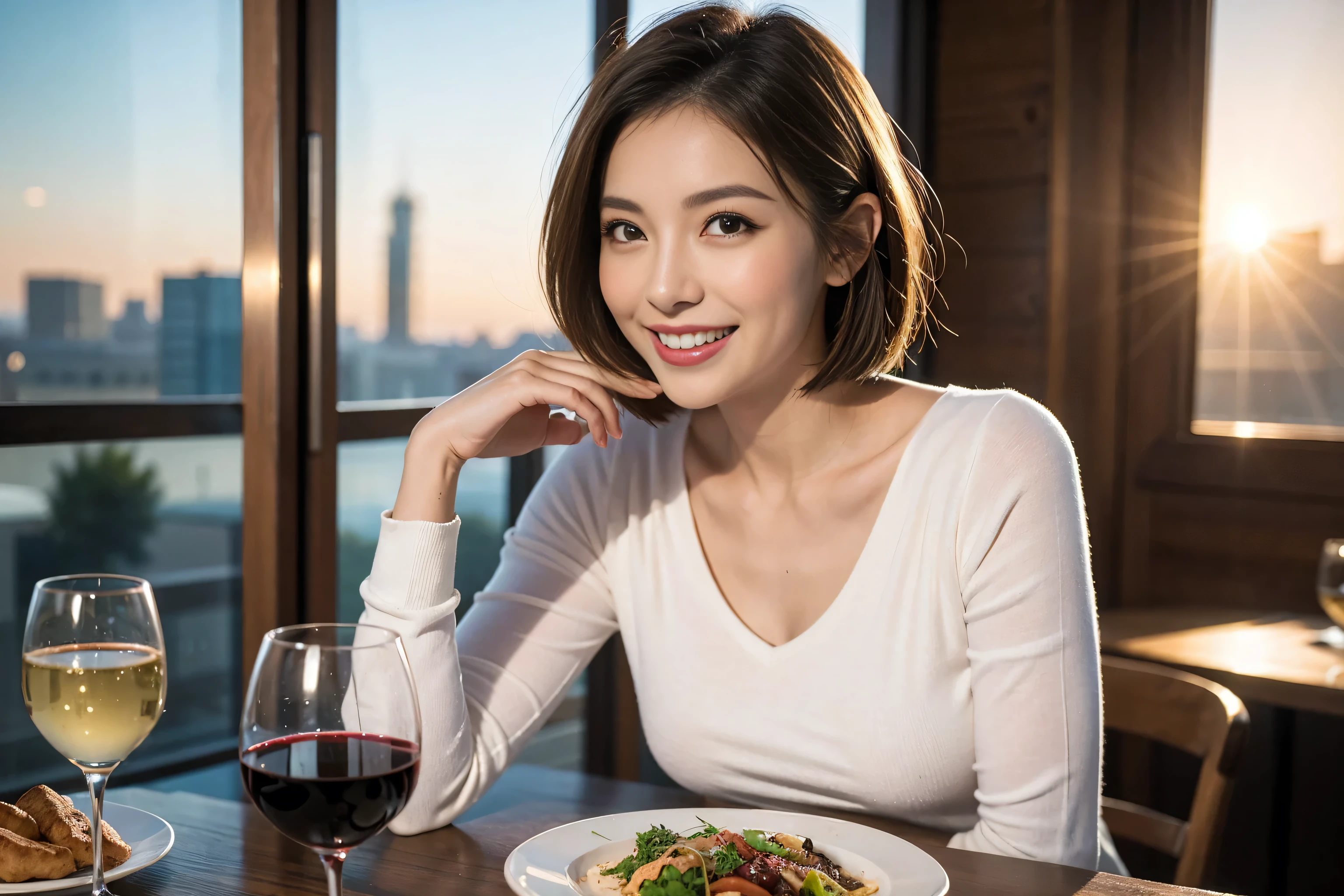 (Realistic:1.1),(masterpiece,Highest quality),8k,(49 years old), 53 years old, ベリーslimボディ、slimカップル、Tight waist,Upper Body,full-course dinner、wine 、Amazing view of the sunset sky and clouds、Perfect Anatomy, Brown Hair, short hair,Random Hairstyles,((Highly detailed face and eyes:1.2)),Perfect golden ratio face,Long sleeve shirt、dress,(smile:1.2)、Shortcuts、cute、(Realistic, Intricate details:1.2), A bright smile、short hair,Bright Face、赤wine 、Appetizers、Italian food、wine bottle、Champagne、スパークリングwine、(slimな顔), (The body is slim), (Brown Hair), (Shortcuts), Upper Body, 白wine, slim, wineグラス,