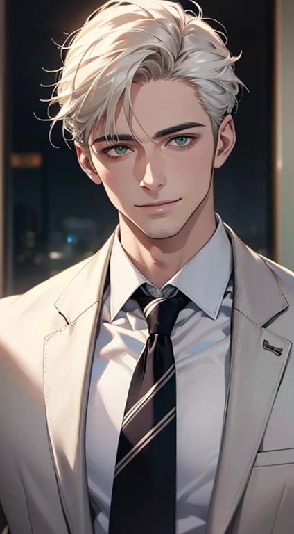 (Highest quality,4K,8K,High resolution,masterpiece:1.2),Super detailed,(Realistic,photoRealistic,photo-Realistic:1.37),1 person,34 years old,Mature Men,Beautiful skin、very handsome,Expressionless smile in love,Short white hair,green eyes,Sharp Eyes,A perfect face without a doubt,Businessman, CEO, Office Background,Cinema Lighting,HDR image,tie、