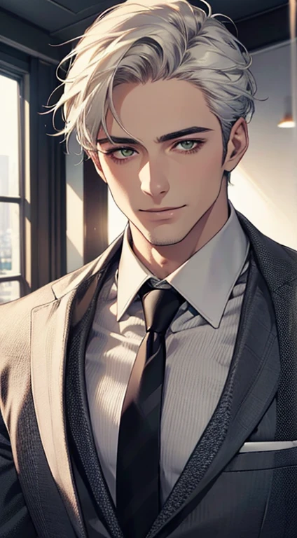 (Highest quality,4K,8K,High resolution,masterpiece:1.2),Super detailed,(Realistic,photoRealistic,photo-Realistic:1.37),1 person,34 years old,Mature Men,Beautiful skin、very handsome,Expressionless smile in love,Short white hair,green eyes,Sharp Eyes,A perfect face without a doubt,Businessman, CEO, Office Background,Cinema Lighting,HDR image,tie、