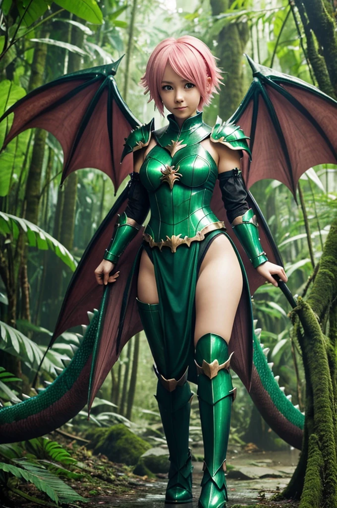 8K,A dragon woman with a dragon body,Super beautiful(like the real thinuscular scaly skin,super realistic skin,golden eyes like a snake,green punk hair,gorgeous green armor,gorgeous green shoulder armor,luxury black pants,gorgeous green gauntlet,have a trident,gorgeous green waist armor,gorgeous green leg armor,Dragon wings are growing,dragon horn,ultra high resolution,Large fangs grow from the mouth,rich colors, Backlight, cinematic lighting, film grain,RAW, 50mm lens,nikon D850,sexy armor,Severely cracked abdominal muscles,Charm,